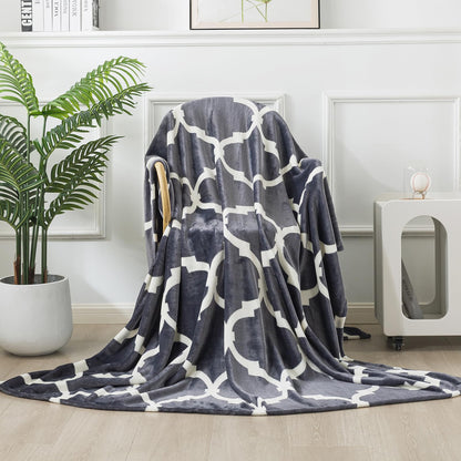 Gray Pattern King Size Blanket,90x108 Inches Microfiber Soft Cozy Fluffy Warm Hand Made Throw Blankets for King Calking Bed,Couch, Sofa, Chair, Camping, Picnic,Grey and White
