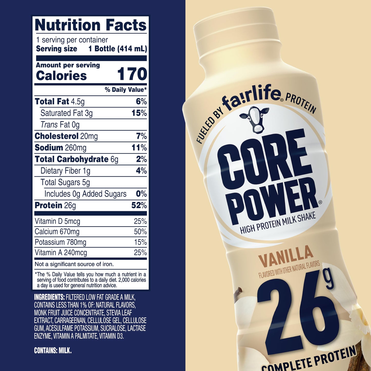 Core Power Protein Shake, Vanilla, 26g Bottle, 14oz, 12 Pack