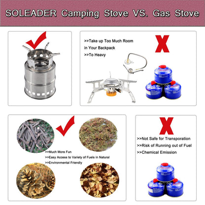 SOLEADER Portable Wood Burning Camp Stoves - Stainless Steel Compact Gasifier Stove - Twig Stove For Camping, Hiking, Picnic, BBQ, Backpacking The 3rd Generation