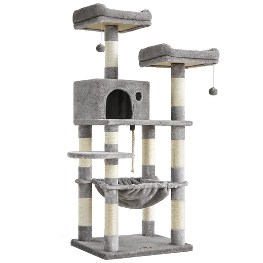 FEANDREA Cat Tree, Cat Tower for Indoor Cats, 56.3-Inch Cat Condo with Scratching Posts, Hammock, Plush Perch, Light Gray UPCT15W