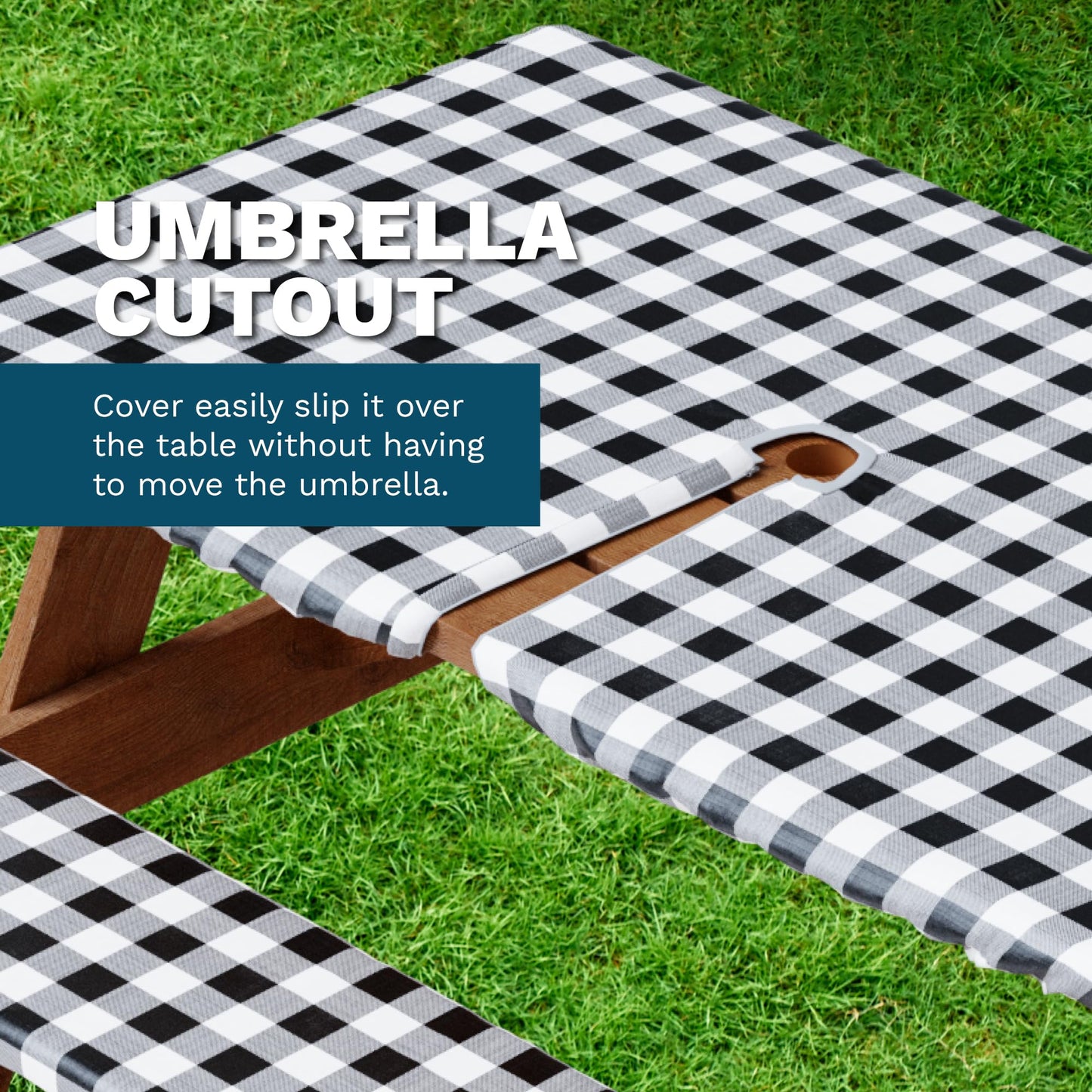 Sorfey Vinyl Umbrella Picnic Table and Bench Fitted Tablecloth Cover, Checkered Design, Flannel Backed Lining, 30x96 Inch, 3-Piece Set, Green
