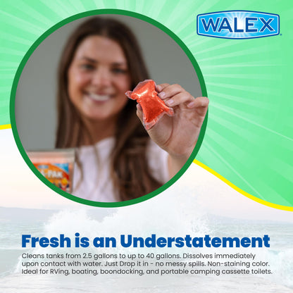 Walex Citra-Pak RV/Marine Holding Tank Deodorizer Drop-Ins - Waste Breakdown & Odor Control, Cleans Holding Tank & Sensors, Biocide-Free, Treatment for RVs, Boats, & Portable Toilets - Citrus, 30 Pack