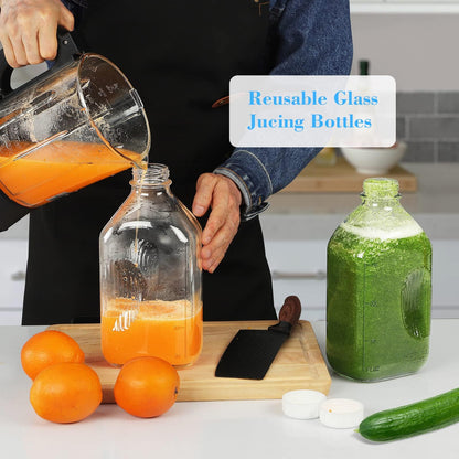 3 Pack 2 Qt Glass Water Bottles with Handle and Airtight Reusable SCREW LID - 64 Oz Juice Jugs, 1/2 Gallon Glass Milk Container for Fridge, Breast Milk Jug Pitcher with Scales, Extra Lids & Handles
