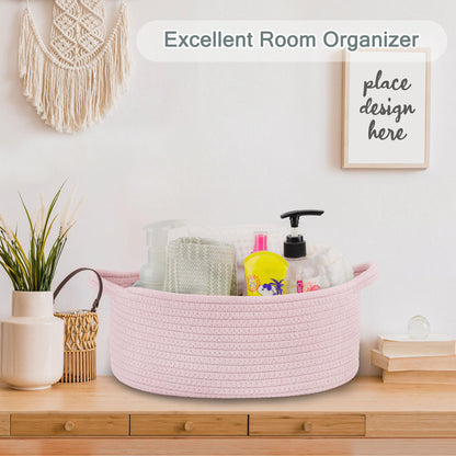 COMSE Small Woven Basket with Gift Bags and Ribbons, Gift Basket Empty, Cotton Rope Storage Organizer, Baby Toy Box with Handles, 12" x 8" x 5", Light pink