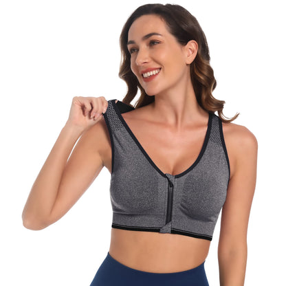 Fapreit Women's Zip Front Closure Sports Bra - Seamless Wirefree Post Surgery Padded Racerback Workout Gym Yoga Bras 2 Pack (Black, Grey)