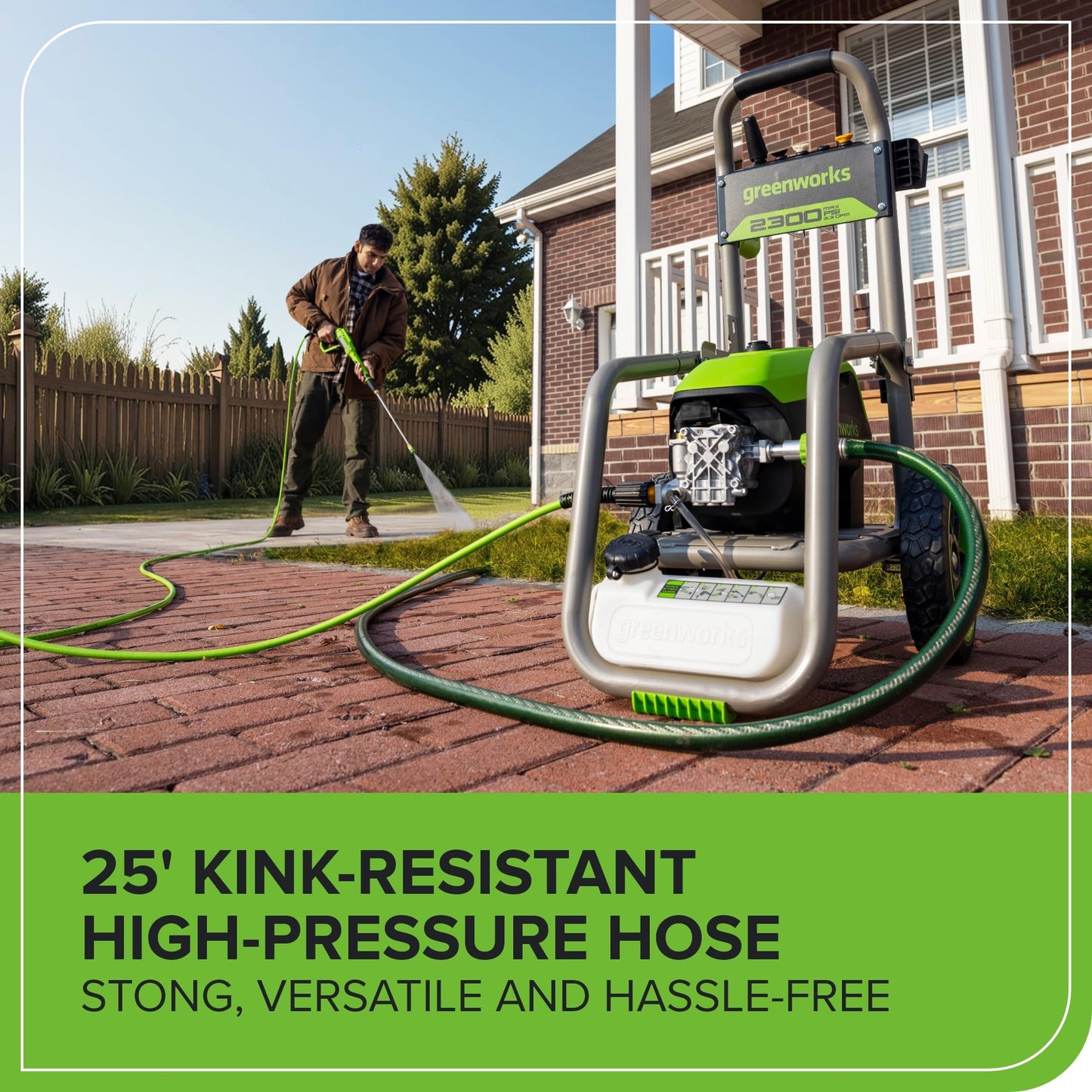 Greenworks Pro Brushless 2300 PSI (SGS Certified) 2.3 GPM Max / 1.2 GPM Electric Pressure Washer (Foldable Handles, Rugged Steel Frame, 25 FT Hose, 35 FT GFCI Power Cord)