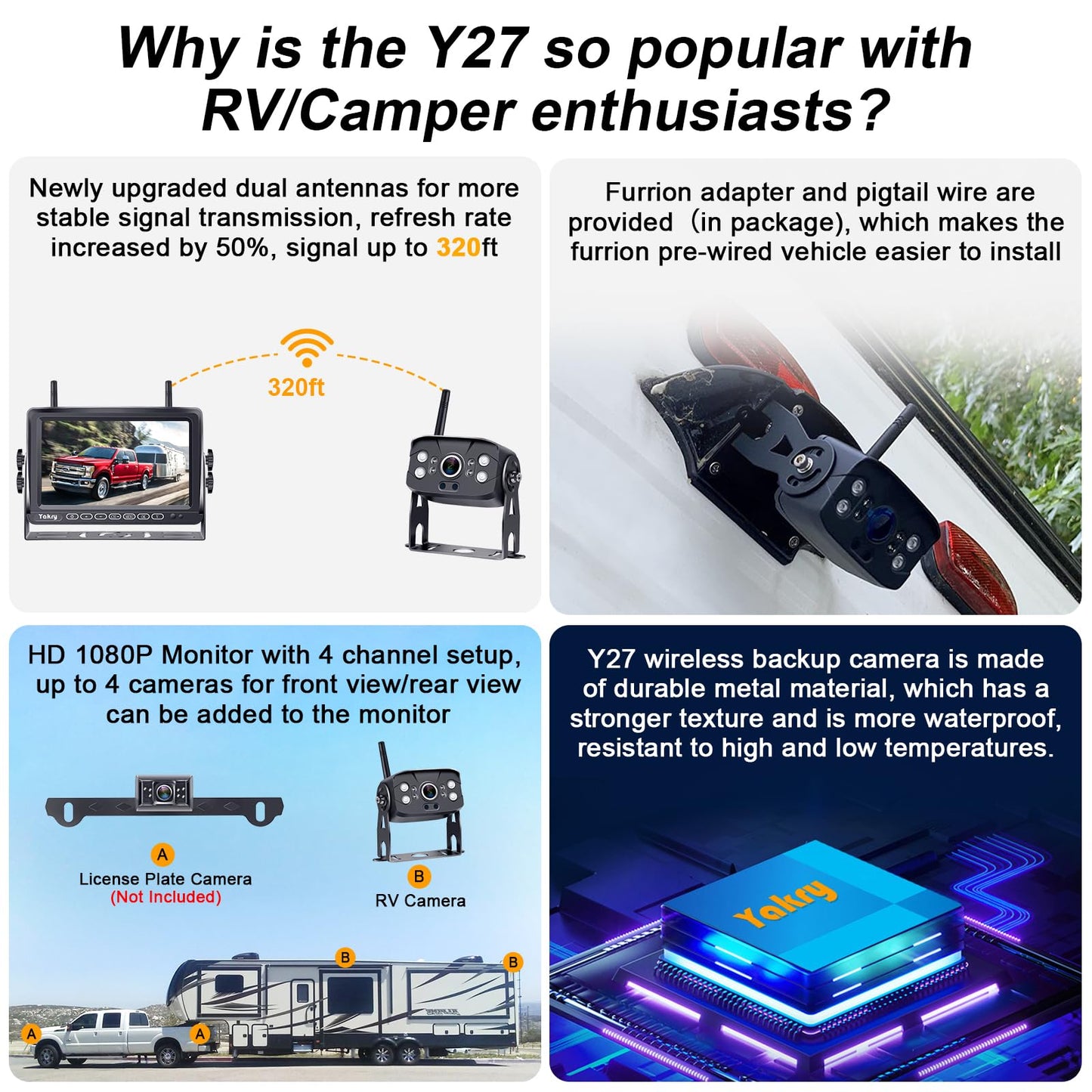 RV Backup Camera Wireless Plug and Play: Pre-Wired for Furrion System Recording Wide View Rear View Camera Clear Night Vision HD 1080P 7'' Touch Key Monitor for Trailer Camper Motorhome Yakry Y27-N