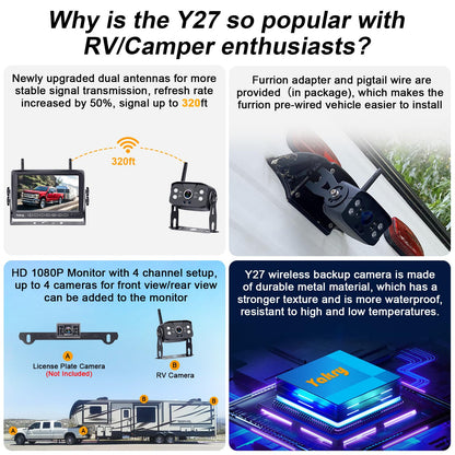 RV Backup Camera Wireless Plug and Play: Pre-Wired for Furrion System Recording Wide View Rear View Camera Clear Night Vision HD 1080P 7'' Touch Key Monitor for Trailer Camper Motorhome Yakry Y27-N