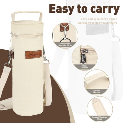 Tirrinia Single Wine Cooler Bags - Insulated & Padded Portable Wine Gift Tote Carrier for Travel, BYOB Restaurant, Wine Tasting, Party, Great Gift for Wine Lover, Beige