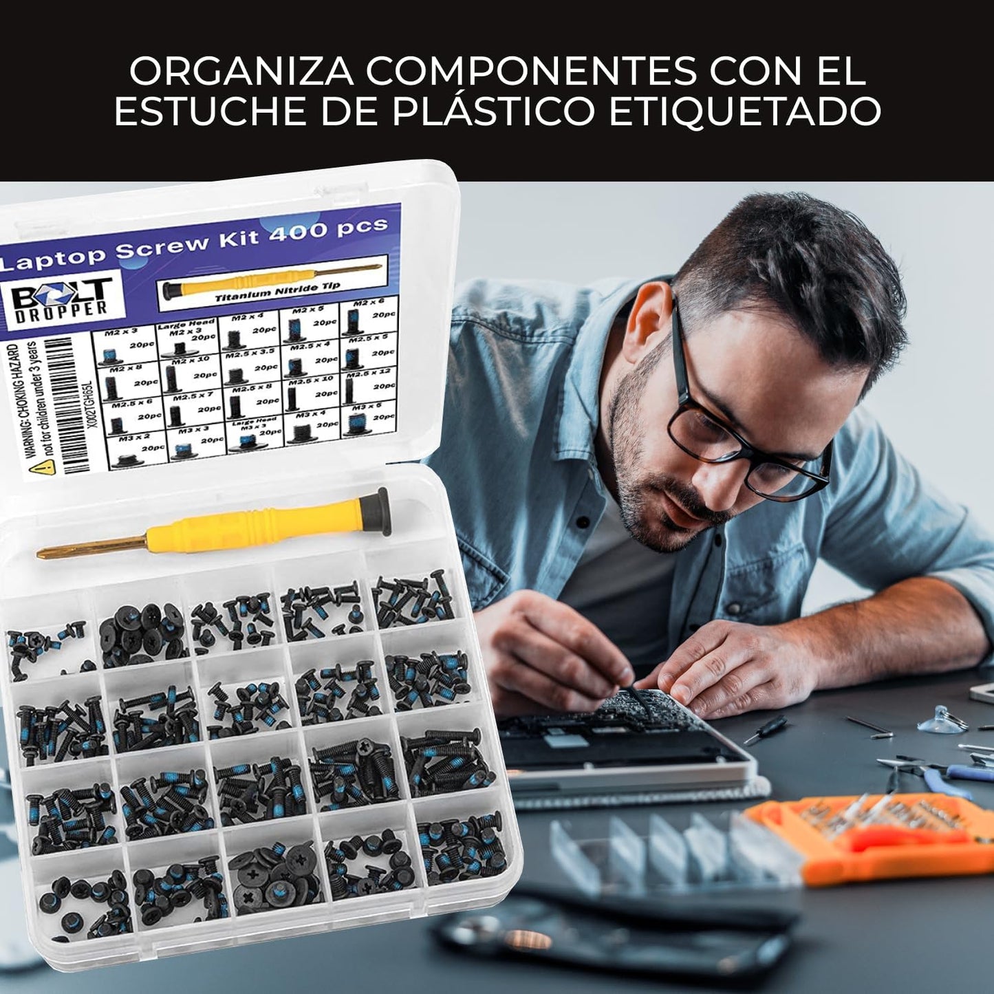 BOLT DROPPER 400pcs Laptop Screws w/Blue Nylok (20 Sizes) Titanium Nitride Screw Driver, Notebook Computer Screw Kit Set, Electronic Repair Screws for Hard Drive SSD Motherboard Fan Power Graphics