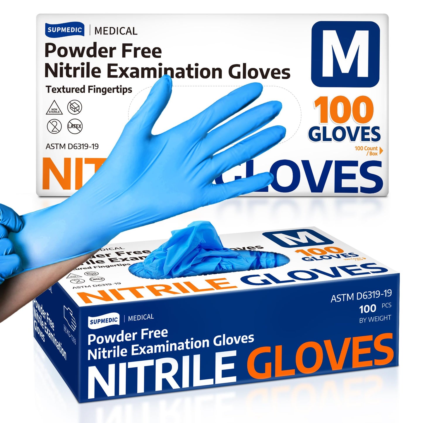 Supmedic Medical Nitrile Exam Gloves, Latex-Free, Powder-Free, Food Safe, Cooking Food Prep, Disposable Gloves, Blue, 100 Pcs (Medium)