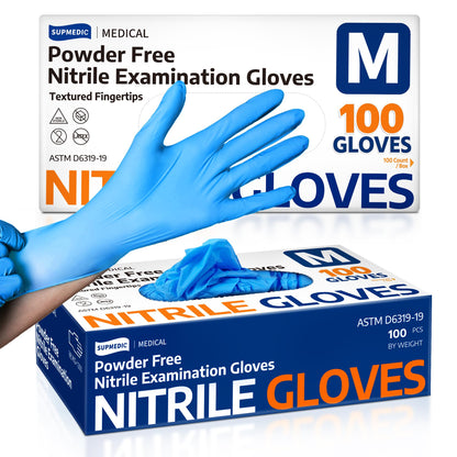 Supmedic Medical Nitrile Exam Gloves, Latex-Free, Powder-Free, Food Safe, Cooking Food Prep, Disposable Gloves, Blue, 100 Pcs (Medium)