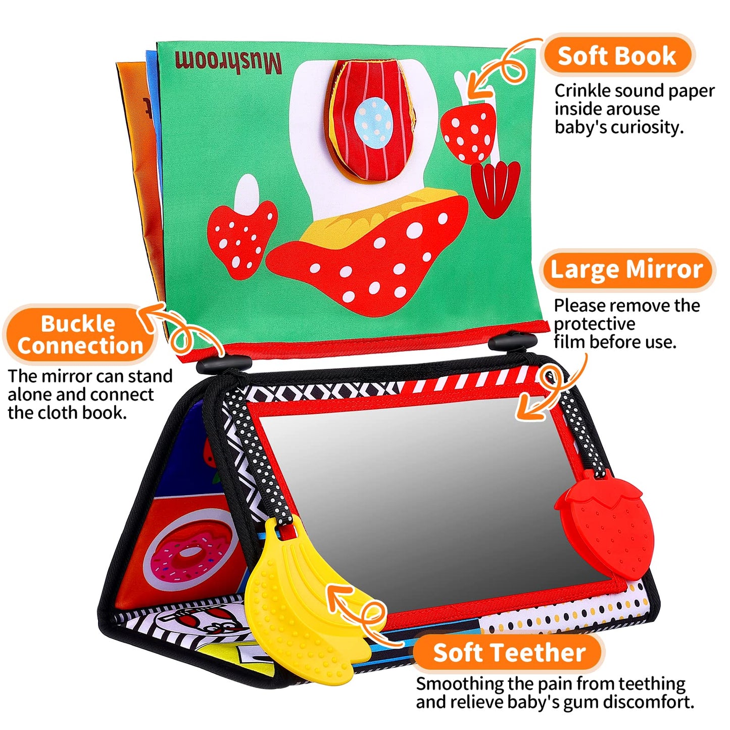 Baby Mirror Tummy Time Toys 0-3 3-6 Months Sensory Crinkle Baby Books Black and White High Contrast Baby Toys for Newborn Infant Montessori Car Seat Toys 0-6 Month Boy Girl Easter Basket Stuffers Gift