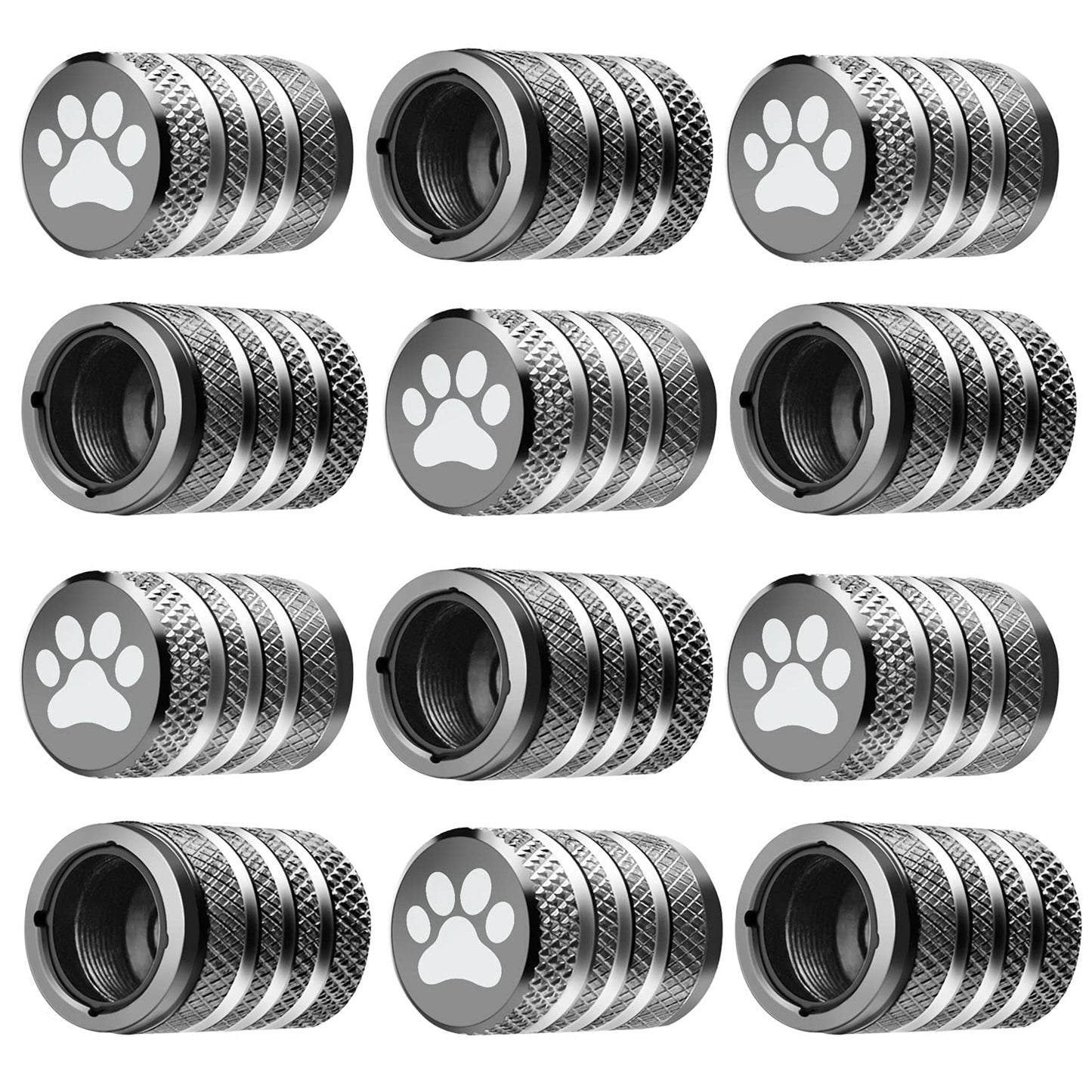 Tire Valve Stem Caps Cover - (12 Pack) Tire Air Caps Metal with Plastic Liner Corrosion Resistant Leak-Proof Dog Paw Print for Car Truck Motorcycle Bike Grey