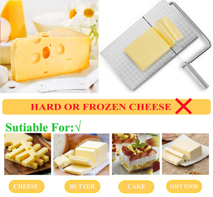 Stainless Steel Cheese Slicer with 10 Replacement Wires, Metal Cheese Cutter and Cutting Board - For Block Cheese