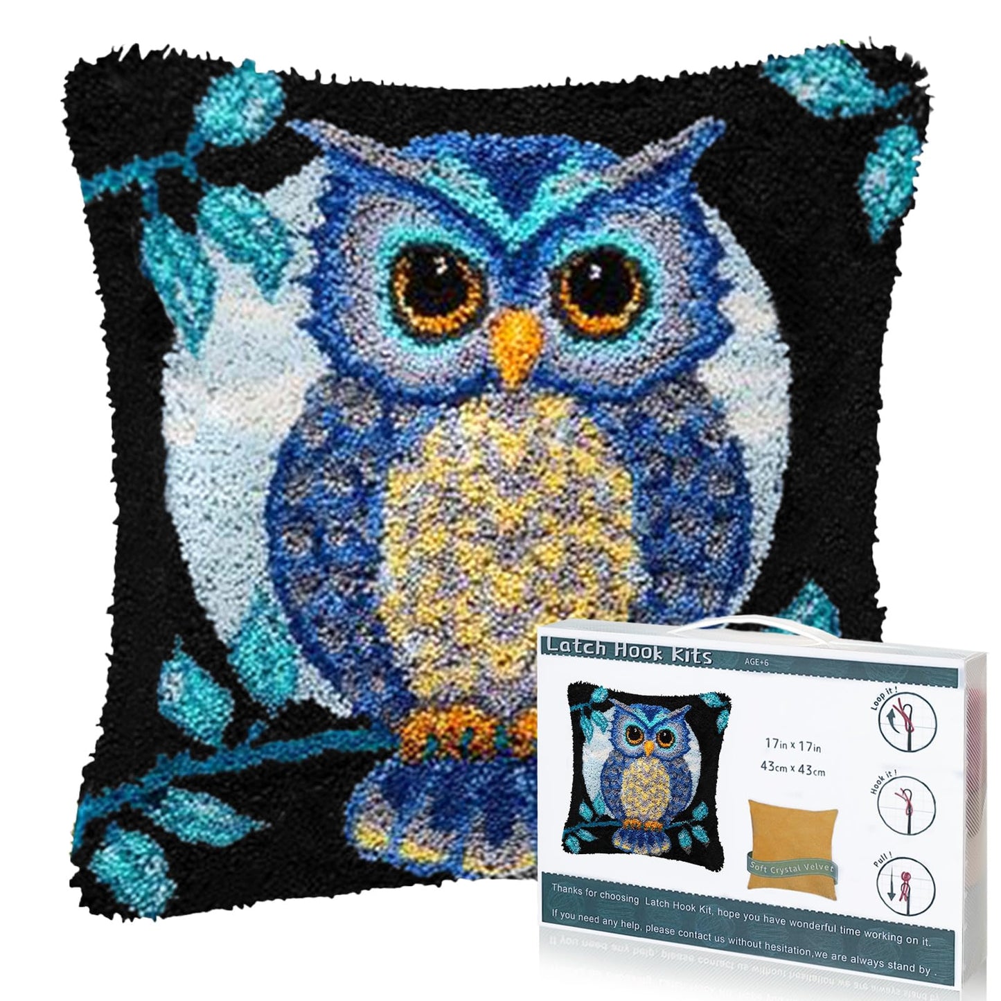 EsLuker.ly Full Moon Owl Latch Hook Pillow Kit for Adults Beginners, DIY Throw Pillow Cushion Cover Making Set with Pre-Printed Canvas & Crochet Yarn, Creative Latch Hook Craft Kits for Home Decor