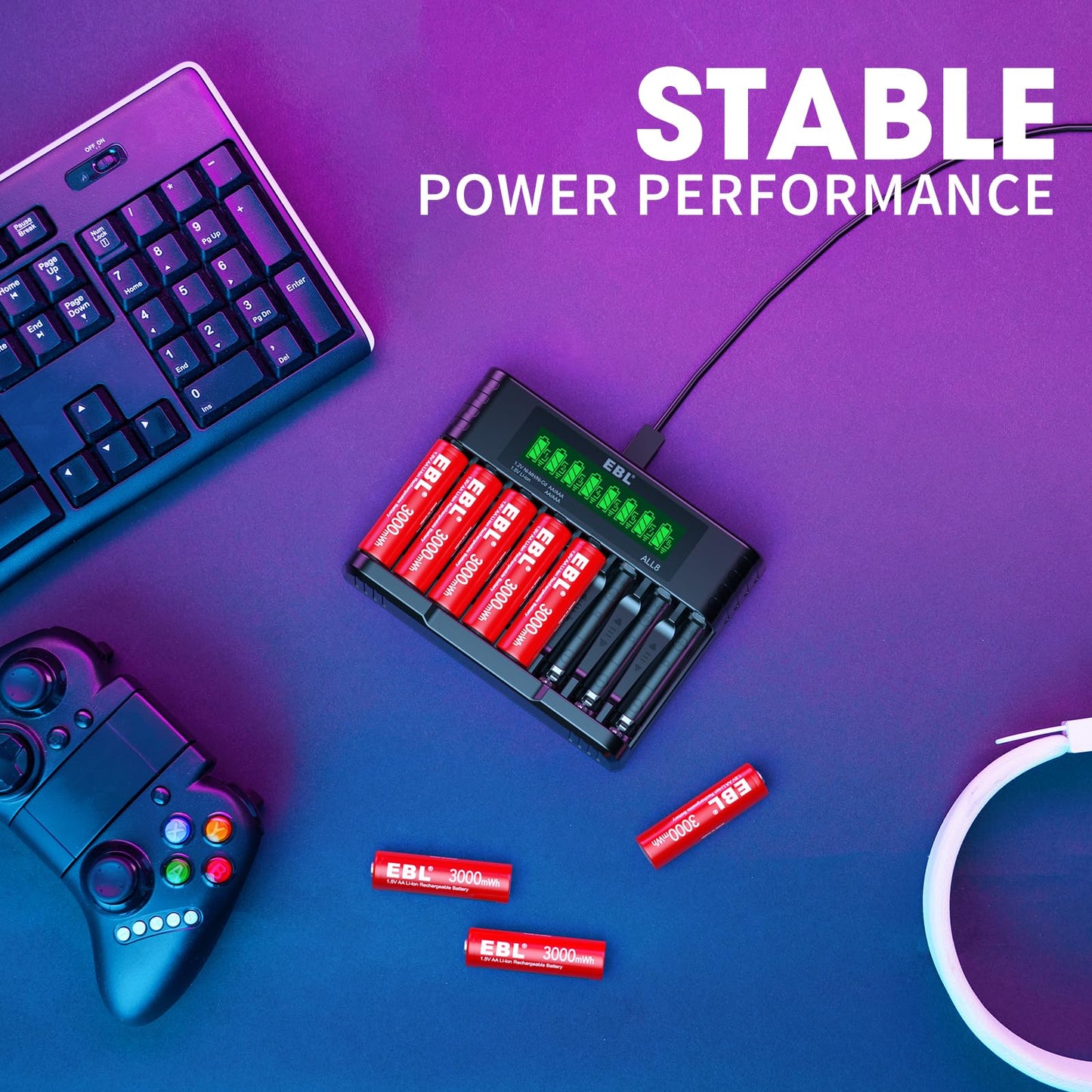 EBL 8 Pack Rechargeable Lithium AA Batteries, 1.5V 3000mWh Double a Batteries Long Lasting AA Li-ion Battery (8AA with Charger)