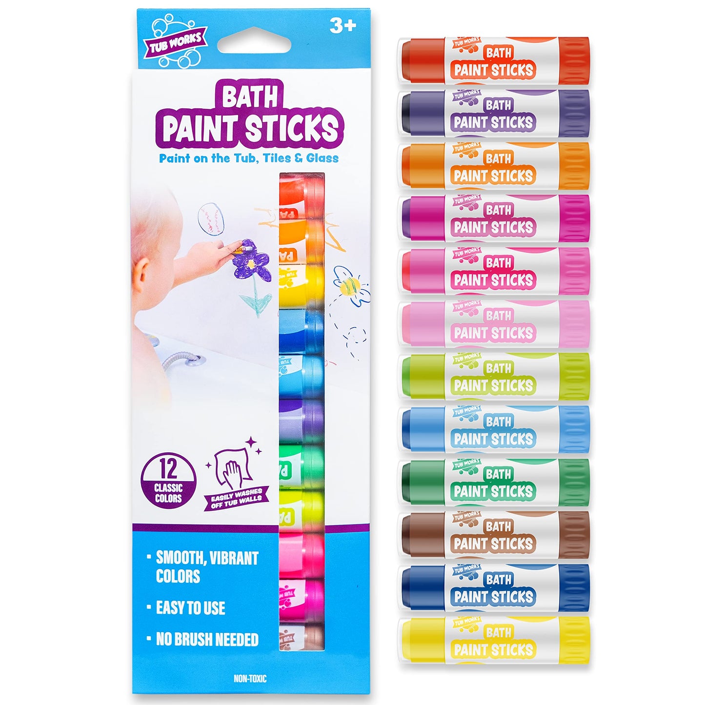 Tub Works® Bath Paint Sticks™ Bath Toy, 12 Count | Nontoxic, Washable Bathtub Paint for Kids & Toddlers | Twistable Sticks Draw Smoothly on Tub Walls | Smooth, Vibrant Alternative to Bath Crayons