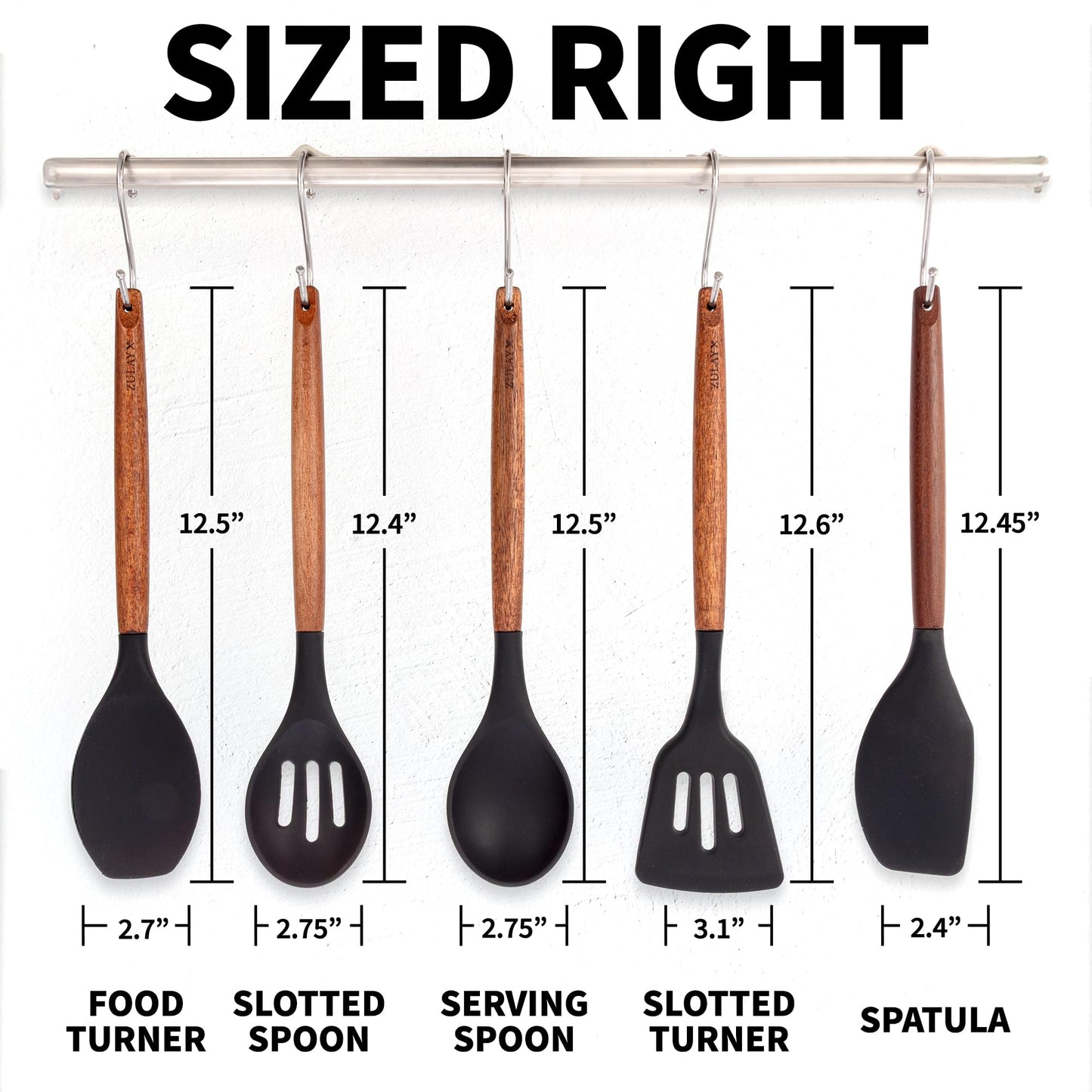 Zulay Kitchen Non-Stick Cooking Utensils Set with Authentic Acacia Wood Handles – 5-Piece Durable & Stylish Silicone Kitchen Utensils Set – Heat Resistant to 464°F – Black
