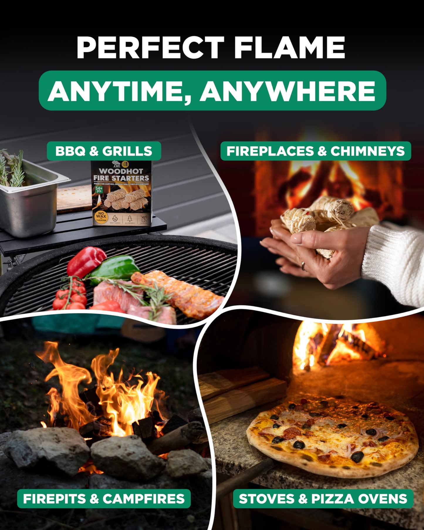 WH Natural Fire Starters for Campfires & Grill - 54+ Pack - Long-Burning Charcoal Starters - Odorless Firestarters for Outdoor Fire Pit, Fireplace - Quick Ignite