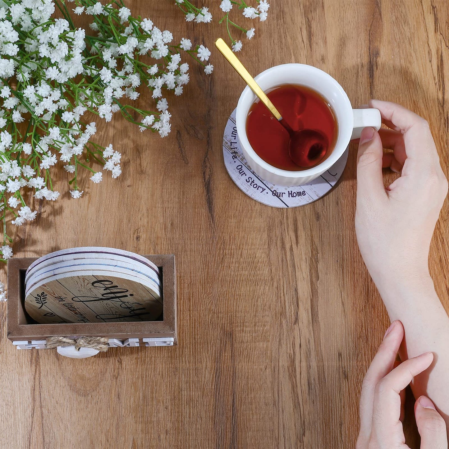 Queekay Housewarming Gifts for Home Decoration Wooden Heart Coasters for Drinks 6 Set Farmhouse Coasters with Holder Funny for Family Coffee Table Protection, 4''(Classic Farmhouse)