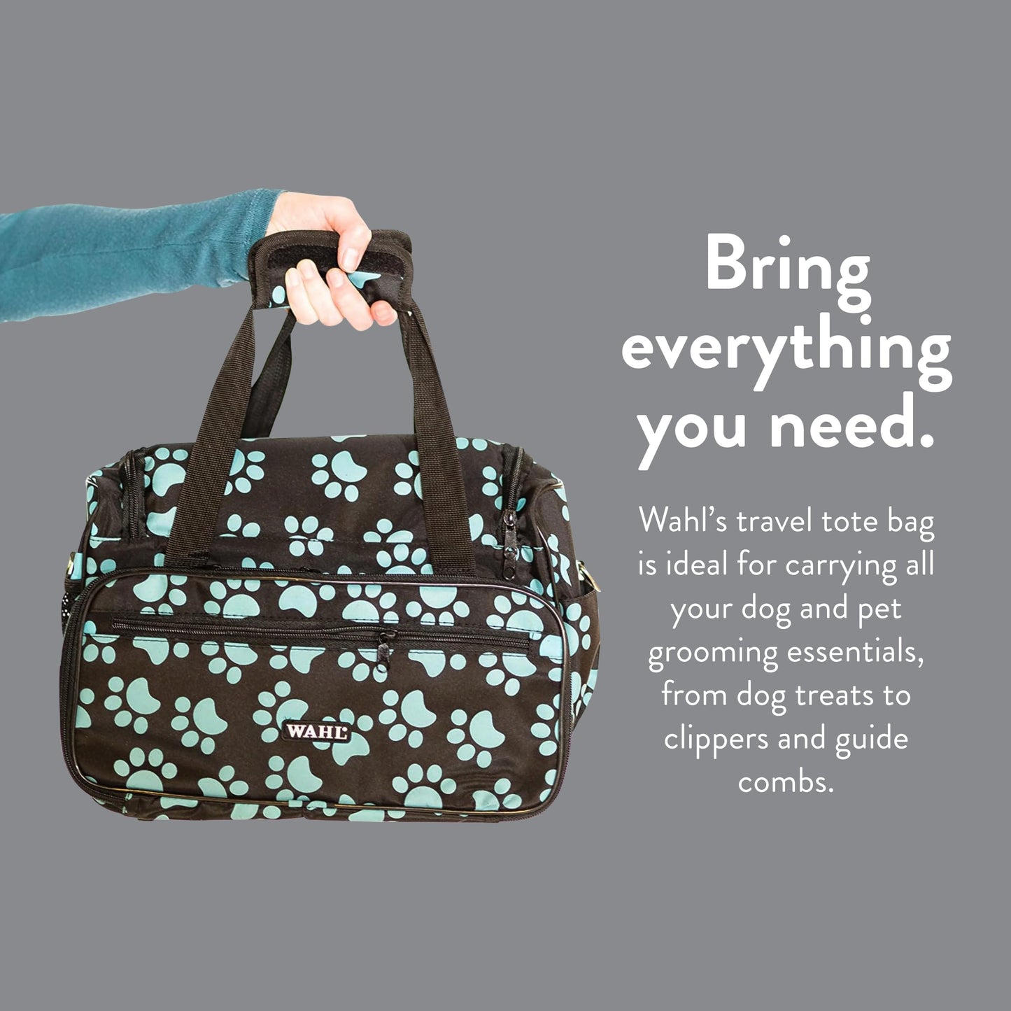 WAHL Professional Animal Travel Tote Bag with Zipper - Travel Bag - Storage Pack for Grooming Supplies - for Dog, Cat & Pet Groomers - 28.8 Inches, Turquoise Paw Print Design (#97764-300)