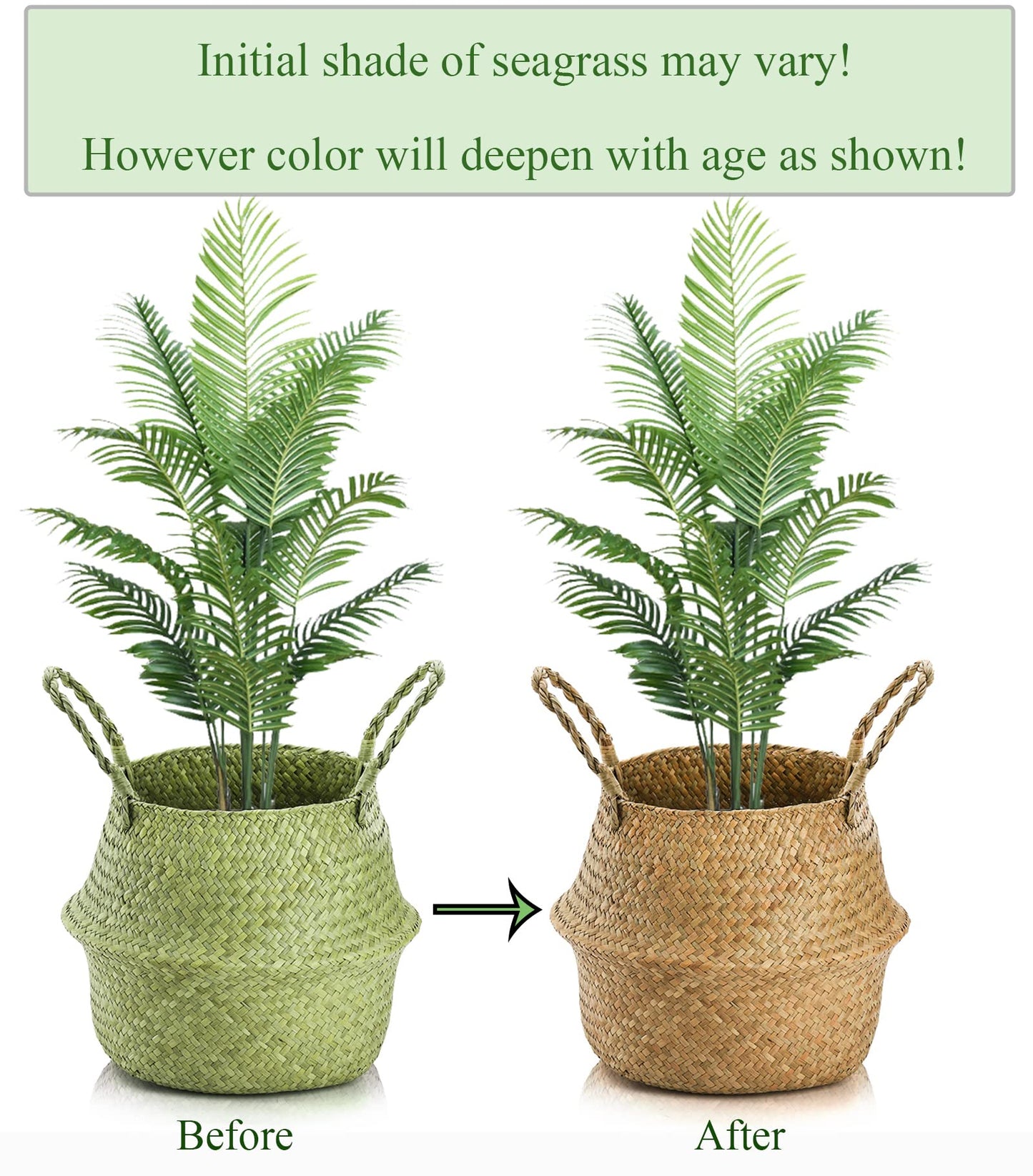 Yesland 2 Pack Woven Seagrass Plant Basket with Handles, Ideal Wicker Baskets Storage Plant Pot Baskets for Laundry, Picnic, Plant Pot Cover, Beach Bag and Grocery Basket (L)