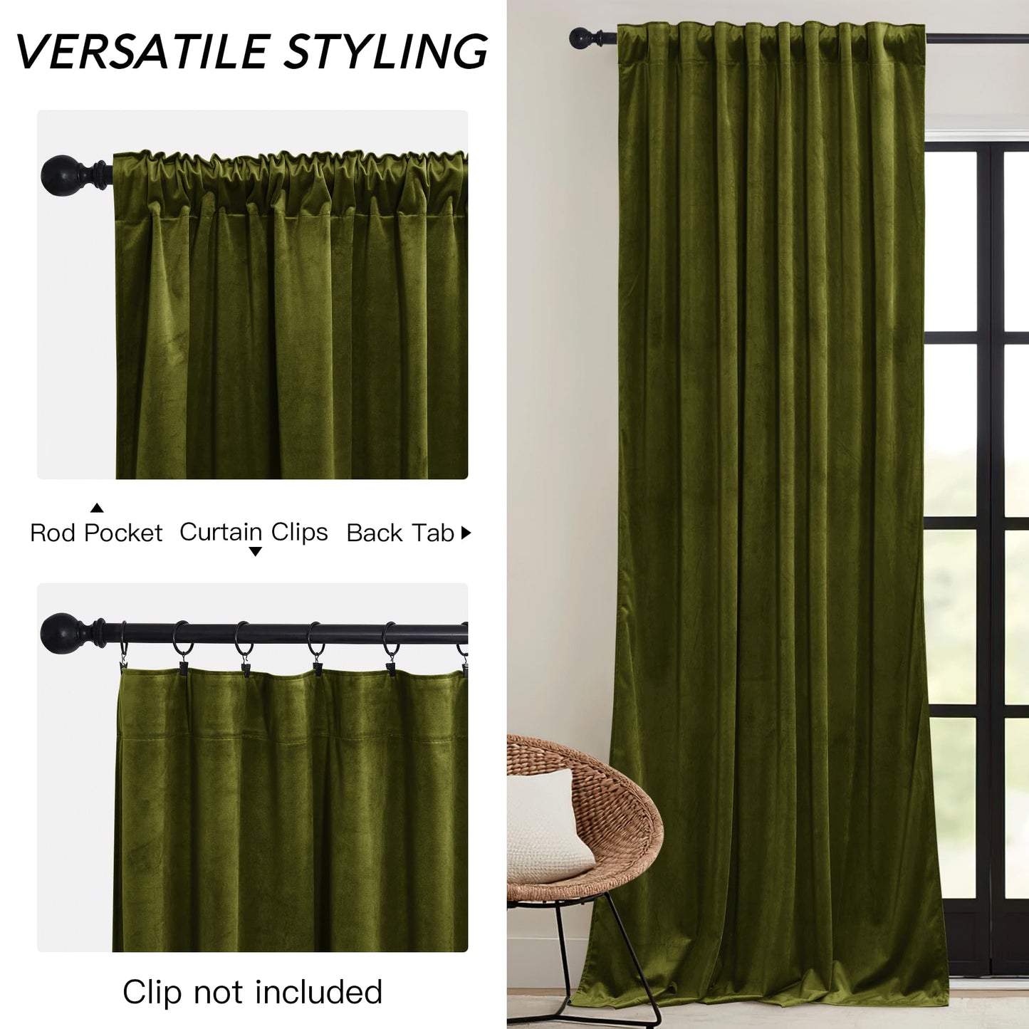 RYB HOME Moss Green Velvet Curtains 90 inches, Luxury and Soft Velvet Fabric, Spring Summer Decorative Curtains & Drapes for Patio Doory Room Window, W 52 x L 90 inches, 2 Panels Set