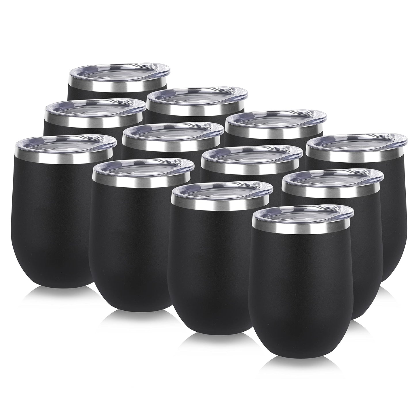 DOMICARE Stainless Steel Wine Tumbler Bulk with Lid, Personalized Insulated Tumblers Set, 12oz Travel Coffee Cups Pack of 12, Black