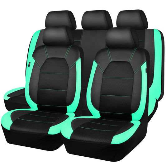 CAR PASS Leather Seat Covers, Breathable Universal Car Seat Cover Full Set for Cute Women Girly,Super 5mm Composite Sponge Inside,Airbag Compatible Fits Most Auto,SUVs,Trucks,Vans(Full Set,Black&Mint)