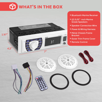 Pyle Marine Receiver & Speaker Kit - In-Dash LCD Digital Stereo Built-in Bluetooth & Microphone w/ AM FM Radio System 5.25’’ Waterproof Speakers (2) MP3/USB/SD Readers & Remote Control - PLMRKT36WT