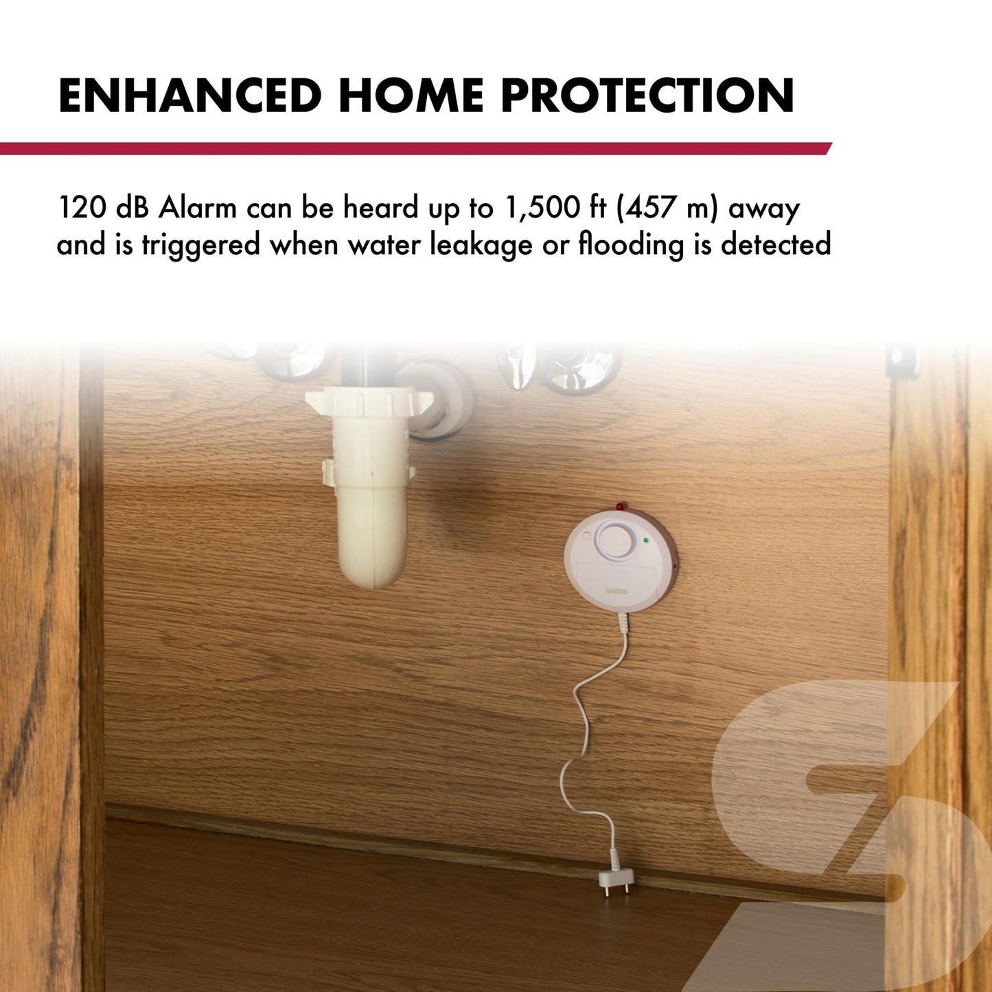 SABRE Water Leakage Alarm, 110 dB Alarm, Audible Up To 1,500-Feet (457-Meters), All Direction Water Sensor, High and Low Volume Settings, Battery Test Button