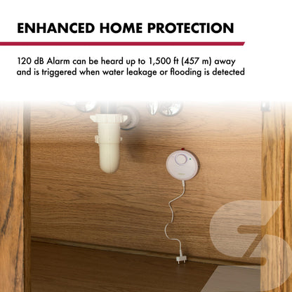 SABRE Water Leakage Alarm, 110 dB Alarm, Audible Up To 1,500-Feet (457-Meters), All Direction Water Sensor, High and Low Volume Settings, Battery Test Button