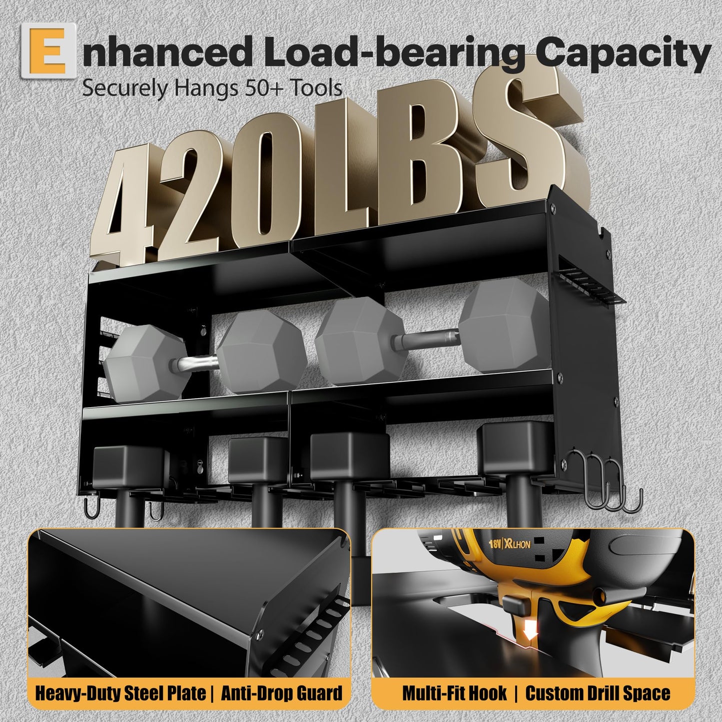 Spampur Power Tool Organizer Wall Mount with Charging Station, 3 Layer Heavy Duty Metal Tool Storage Rack Loads 4200lbs with 6 Cordless Drill Holder, Tool Storage Rack with 4 Outlet Power Strip