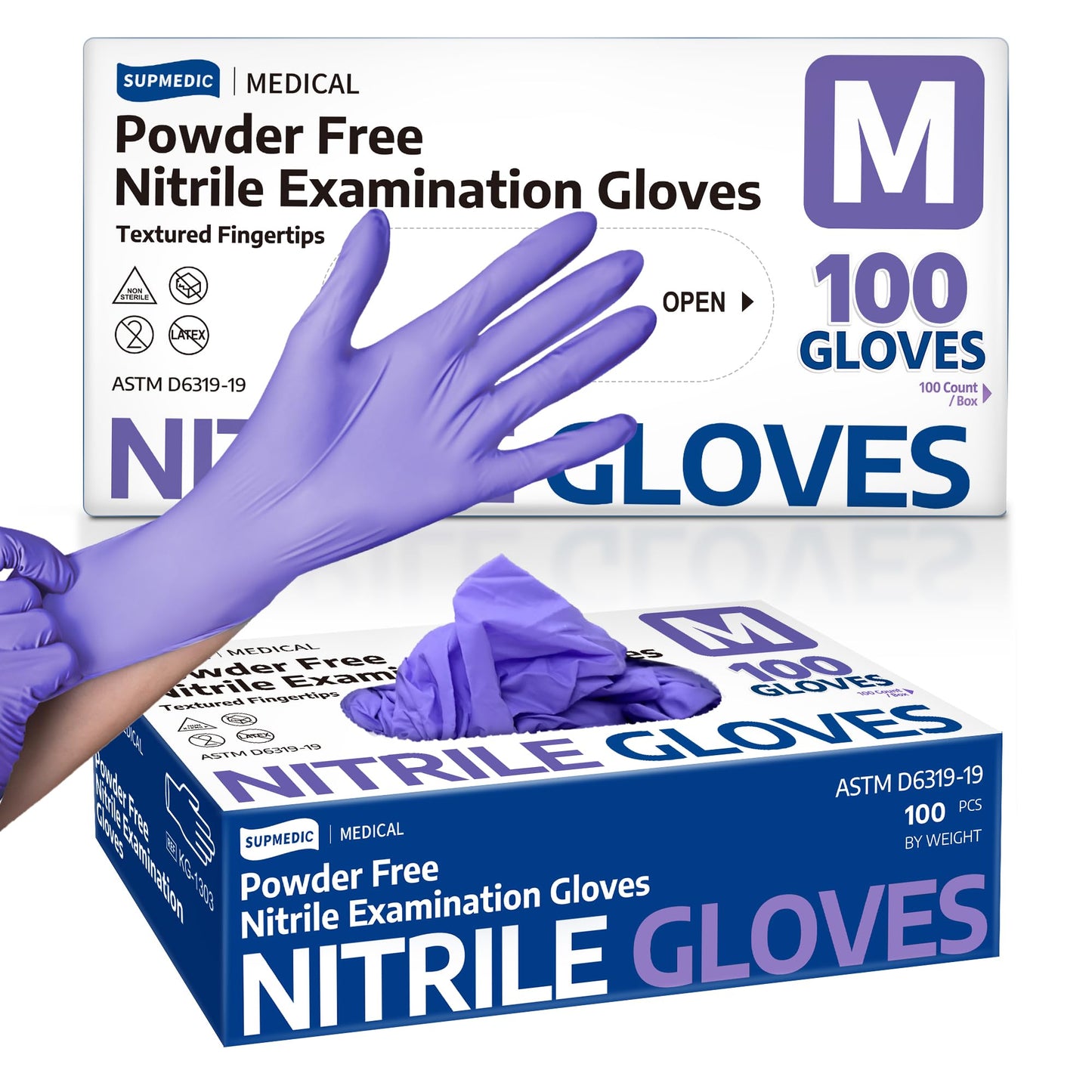 Supmedic Nitrile Exam Gloves, 3.5 Mil Powder-Free Food Safe Cleaning First Aid Disposable Medical Glove, Violet Blue 100 Pcs (Medium)