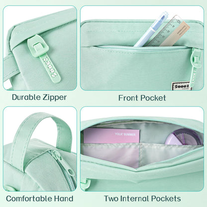 Sooez Original High Capacity Pencil Case, Big Pencil Bag Pouch Box Organizer Pen Case, Portable Journaling Supplies with Easy Grip Handle & Loop, Aesthetic Supply for Girls Adults, Mint Green