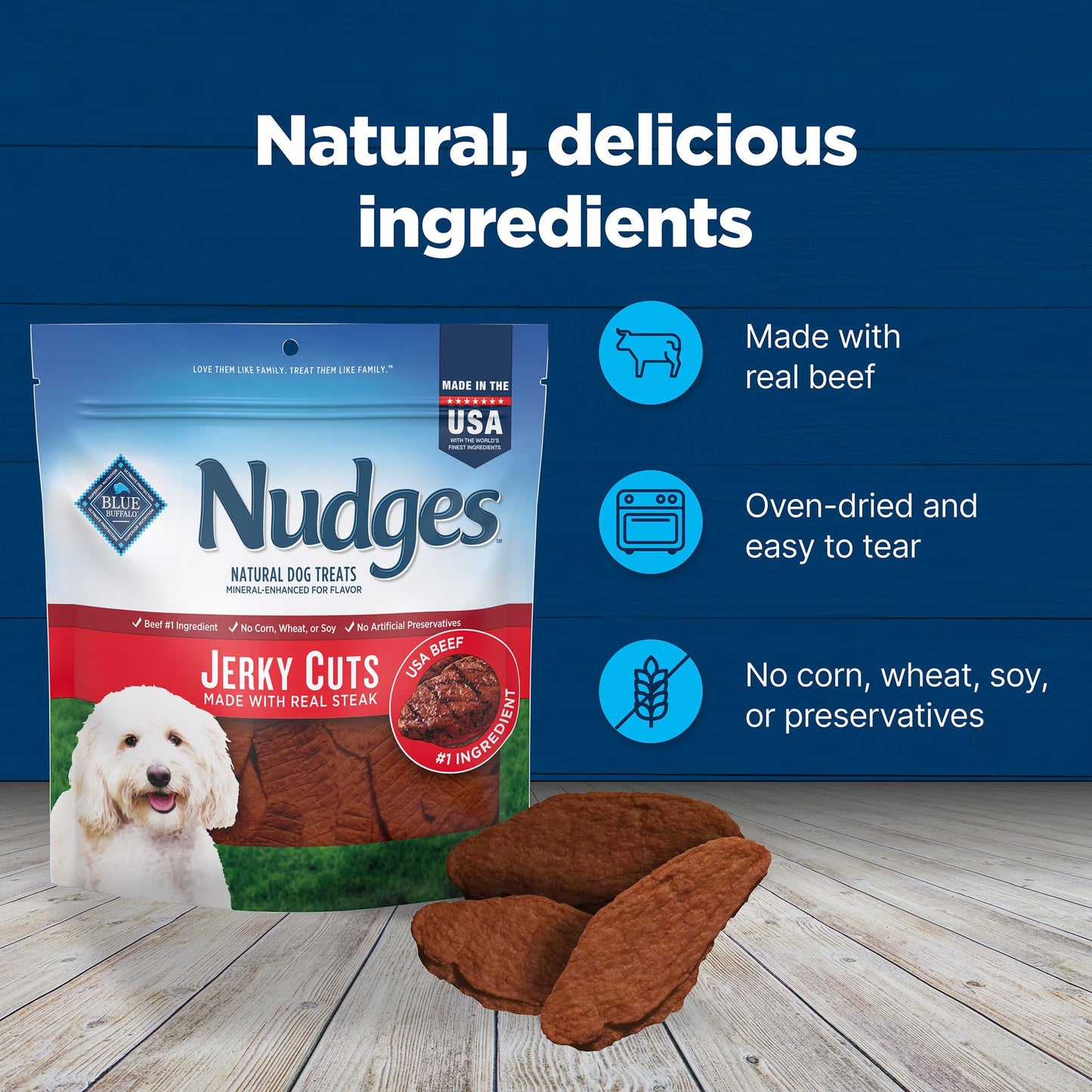Blue Buffalo Nudges Jerky Cuts Dog Treats, Made in the USA with Natural Ingredients, Steak, 16-oz Bag