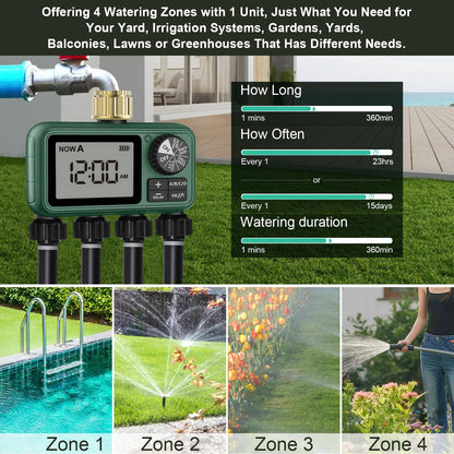4 Outlet Sprinkler Timer Brass, Programmable Garden Hose Timer with Rain Delay, Manual& Automatic Watering System, Waterproof Gardening Supplies Irrigation Controller for 4 Separate Water Zones