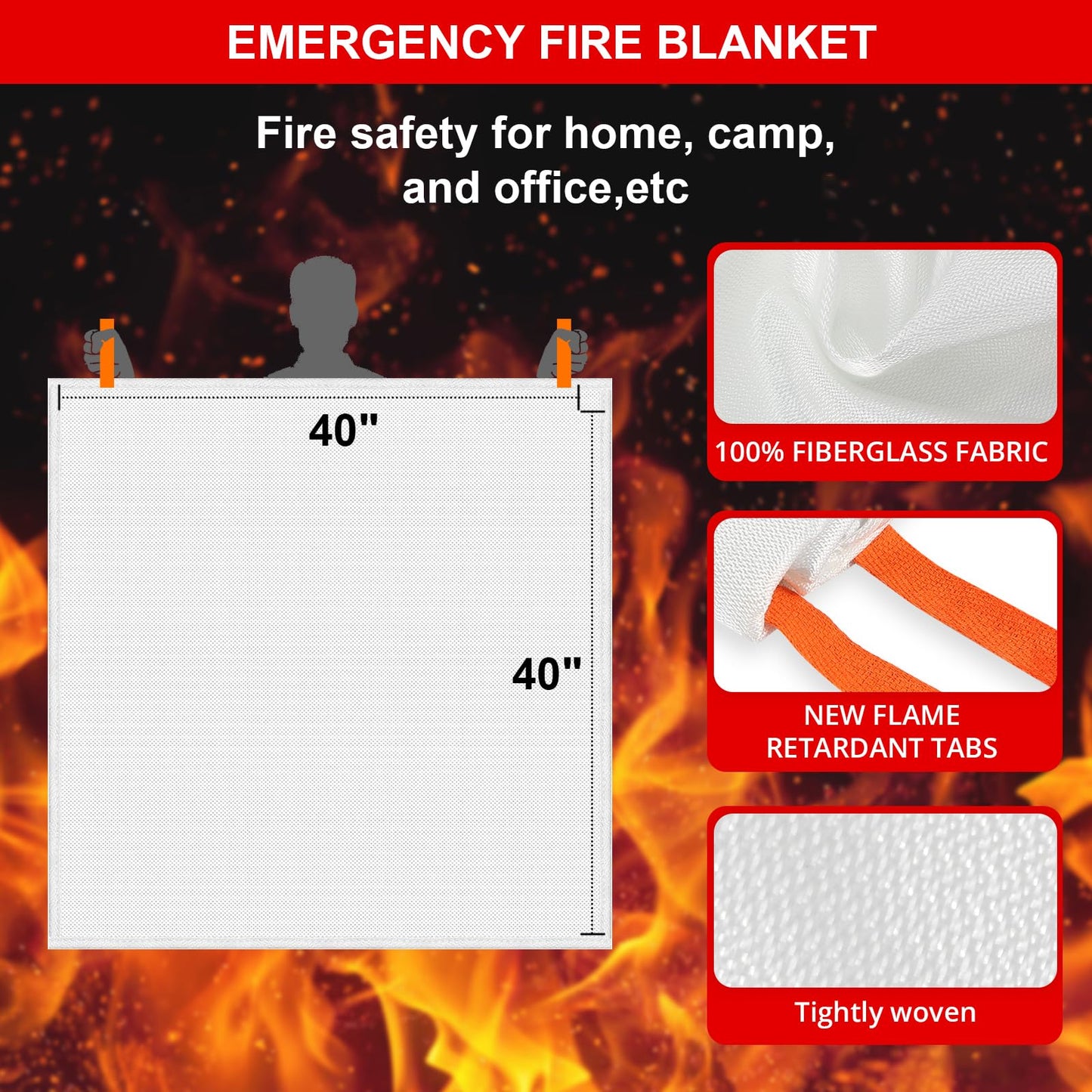SecuCaptain Emergency Fire Blanket for Home Kitchen - 2 Pack 40"x40" Flame Suppression Fiberglass Fire Blankets for House Camping Car Office Warehouse Survival Safety
