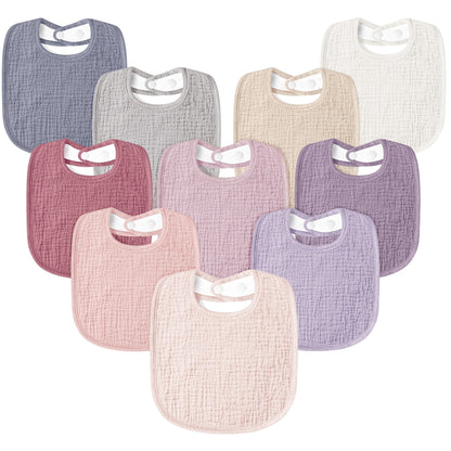Susurration Muslin Baby Drool Bibs 10Pack Soft Square Adjustable Bandana Bibs for Unisex Baby Girls & Boys (Pink)