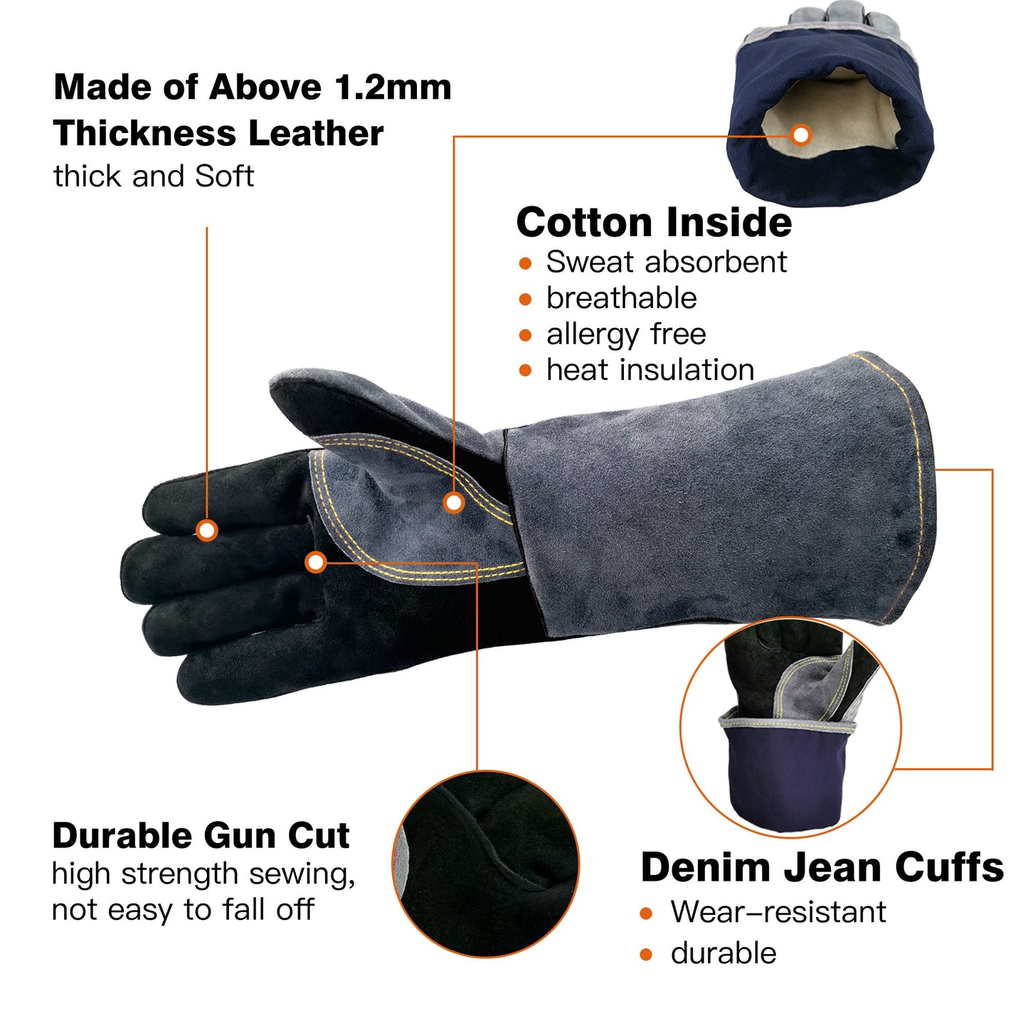 WZQH 16 Inches,932℉,Leather Welding Gloves, Heat/Fire Resistant,Large Mitts for BBQ,Oven,Grill,Fireplace,Tig,Mig,Forge,Baking,Furnace,Stove,Pot Holder,Animal Handling Glove.L Black-gray