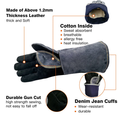 WZQH 16 Inches,932℉,Leather Welding Gloves, Heat/Fire Resistant,Large Mitts for BBQ,Oven,Grill,Fireplace,Tig,Mig,Forge,Baking,Furnace,Stove,Pot Holder,Animal Handling Glove.L Black-gray