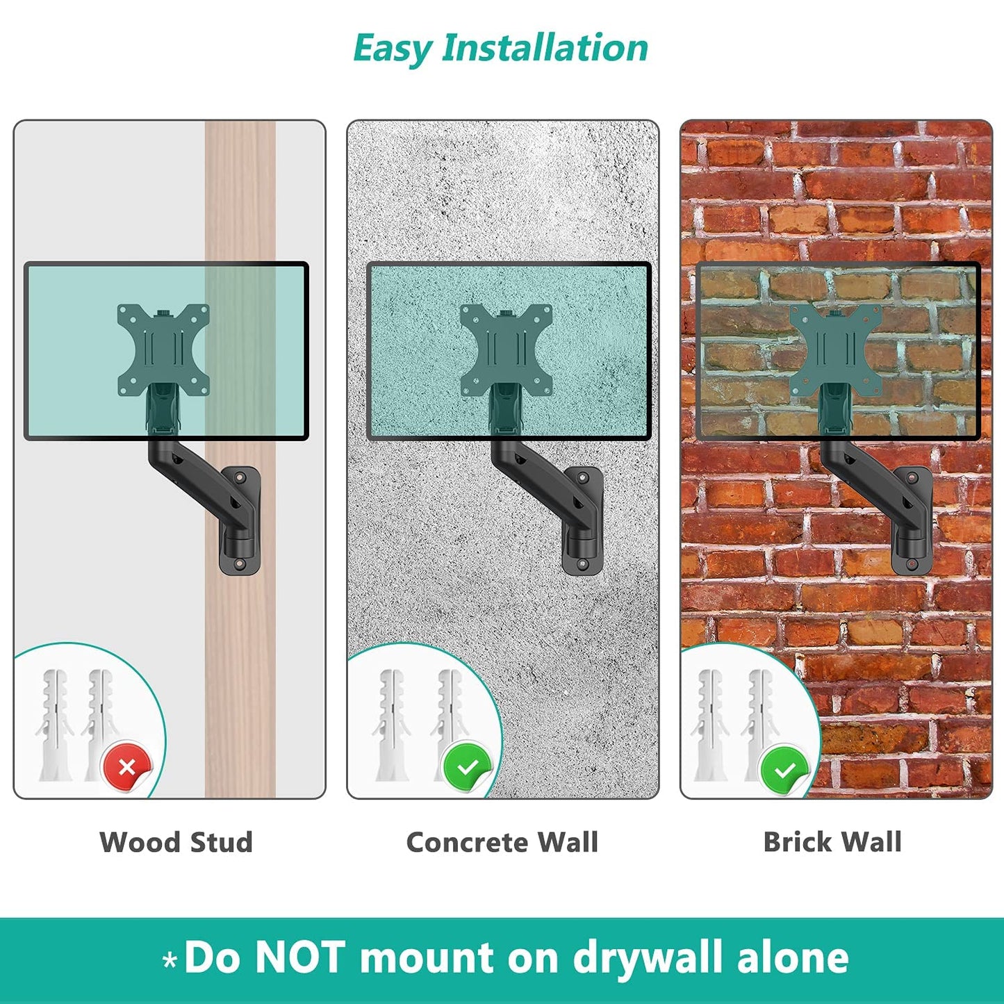 WALI Computer Monitor Wall Mount for 17 to 32 Inch Screens, Single Monitors Mount Holds up to 22lbs, Fully Adjustable Gas Spring Wall Mount Monitor Arm, 75x75/100x100mm VESA Mount (GSWM001), Black