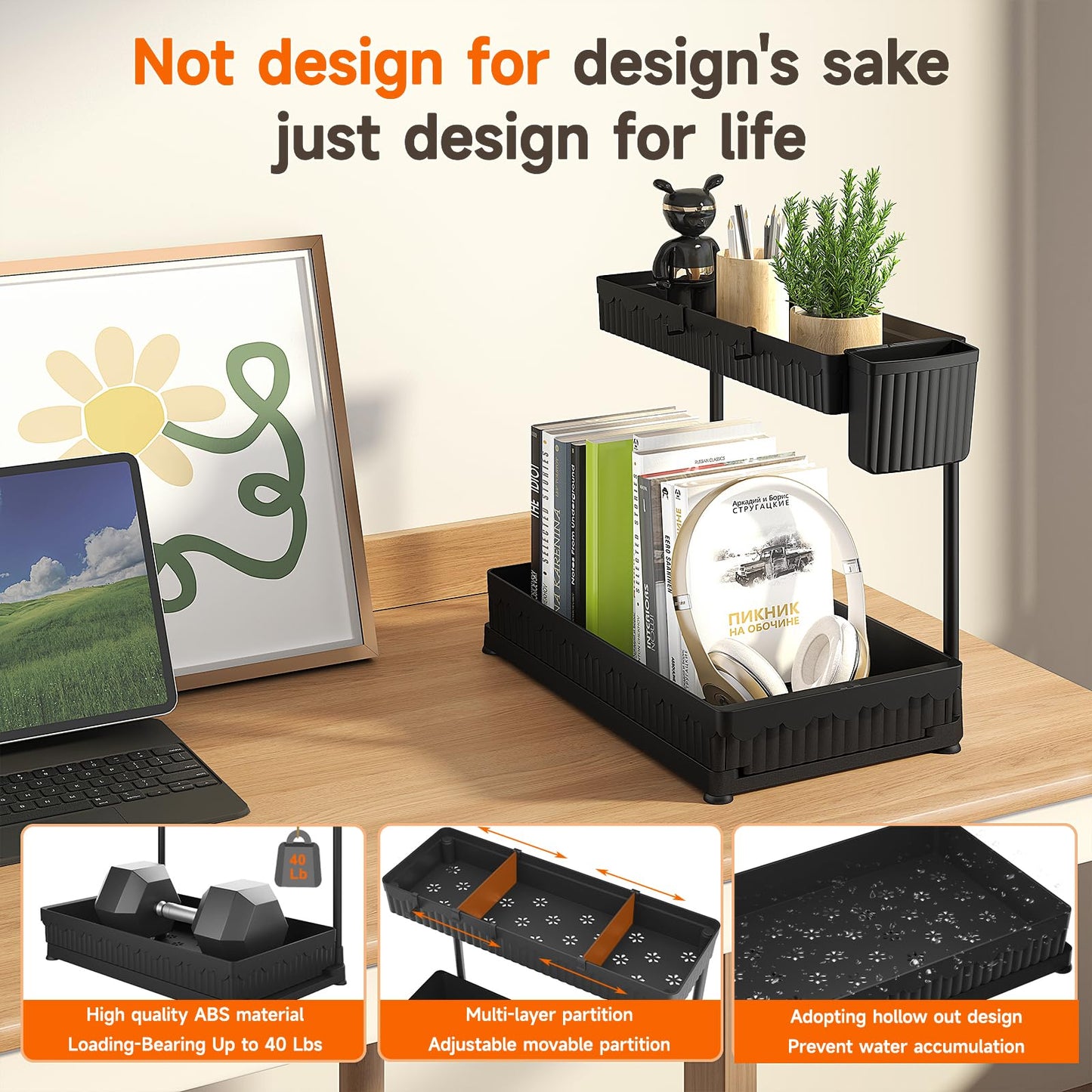 Sevenblue 3 Pack Multi-Purpose Under Sink Organizers and Storage, 2025 L-Shaped Pull Out Cabinet Organizer for Bathroom & Kitchen, Under Cabinet Organizer with Hooks Hanging Cup, Black