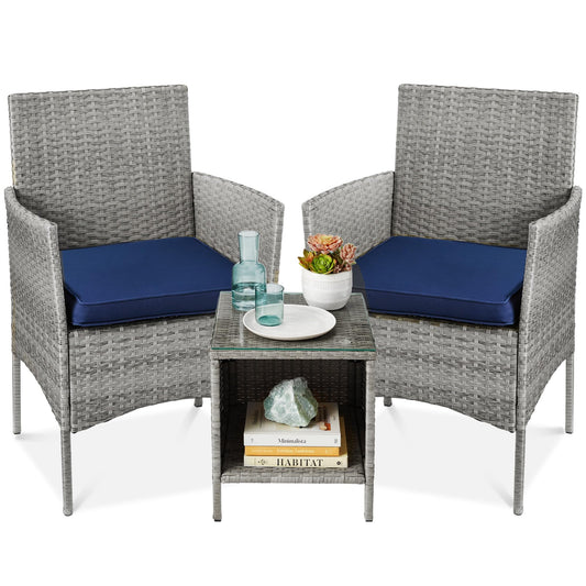 Best Choice Products 3-Piece Outdoor Wicker Conversation Bistro Set, Space Saving Patio Furniture for Garden w/Side Table - Gray/Navy