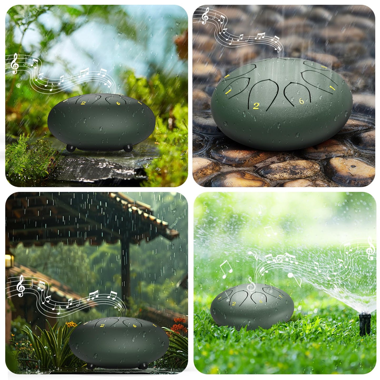 Rain Drum for Outside Garden, 6 Inches 8 Notes Steel Tongue Chakra Drums, Waterproof Meditation Rain Chime, Musical Instruments for Adult Gift with Bag, Music Book, Drum Mallets (Green)