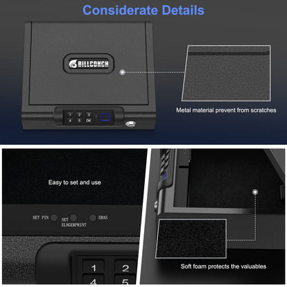 Biometric Gun Safe for Pistols 3-Ways unlock Fingerprint Digital PIN Key Unlock Handgun Safe with Sound, Lock box for Cloakroom living room Bedroom Nightstand and Car BILLCONCH