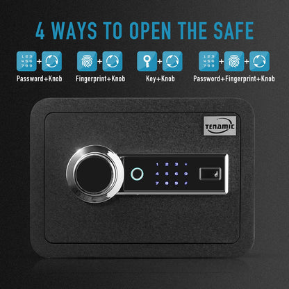 Tenamic Biometric Fingerprint Safe Box 0.85 Cubic Feet Fireproof Waterproof Safe Box with Induction Light and Leather, Solid Alloy Steel Office Hotel Home Cabinet Safe, Black