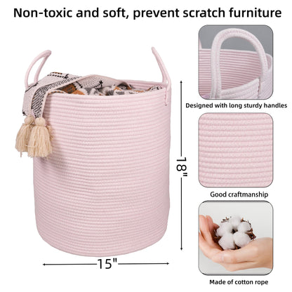 XUANGUO Cotton Rope Laundry Basket Hamper for Girls Kids Baby Nursery Hamper Bin Woven Storage Basket for Living Room Girls room Boho Tall Rope Baskets for Blanket Toys Large light pink