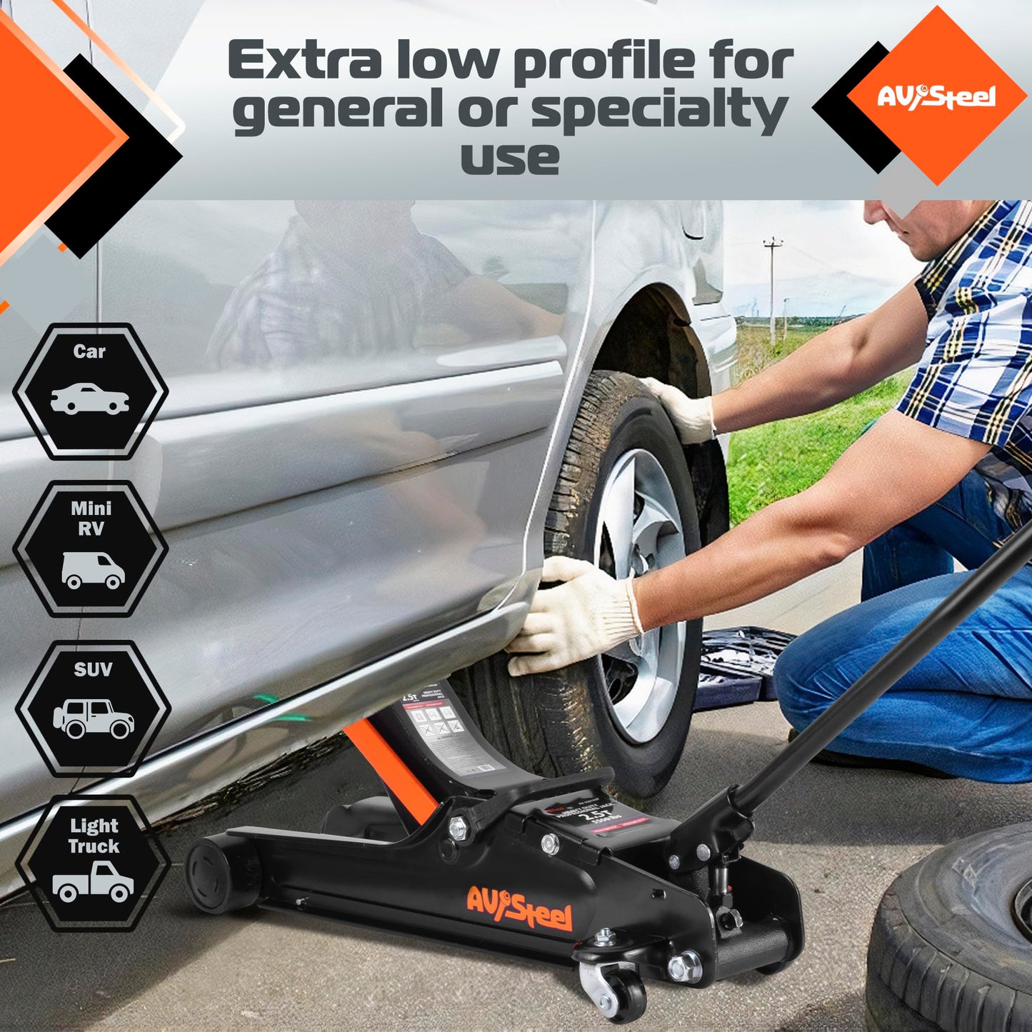 AV Steel Floor Jack 2.5 Ton (5500 lbs), Low Profile Floor Jack with Single Piston Pump, Heavy Duty Steel Hydraulic Jack for Car, Jack for Car with Lifting Range 3.4'' to 14.6''